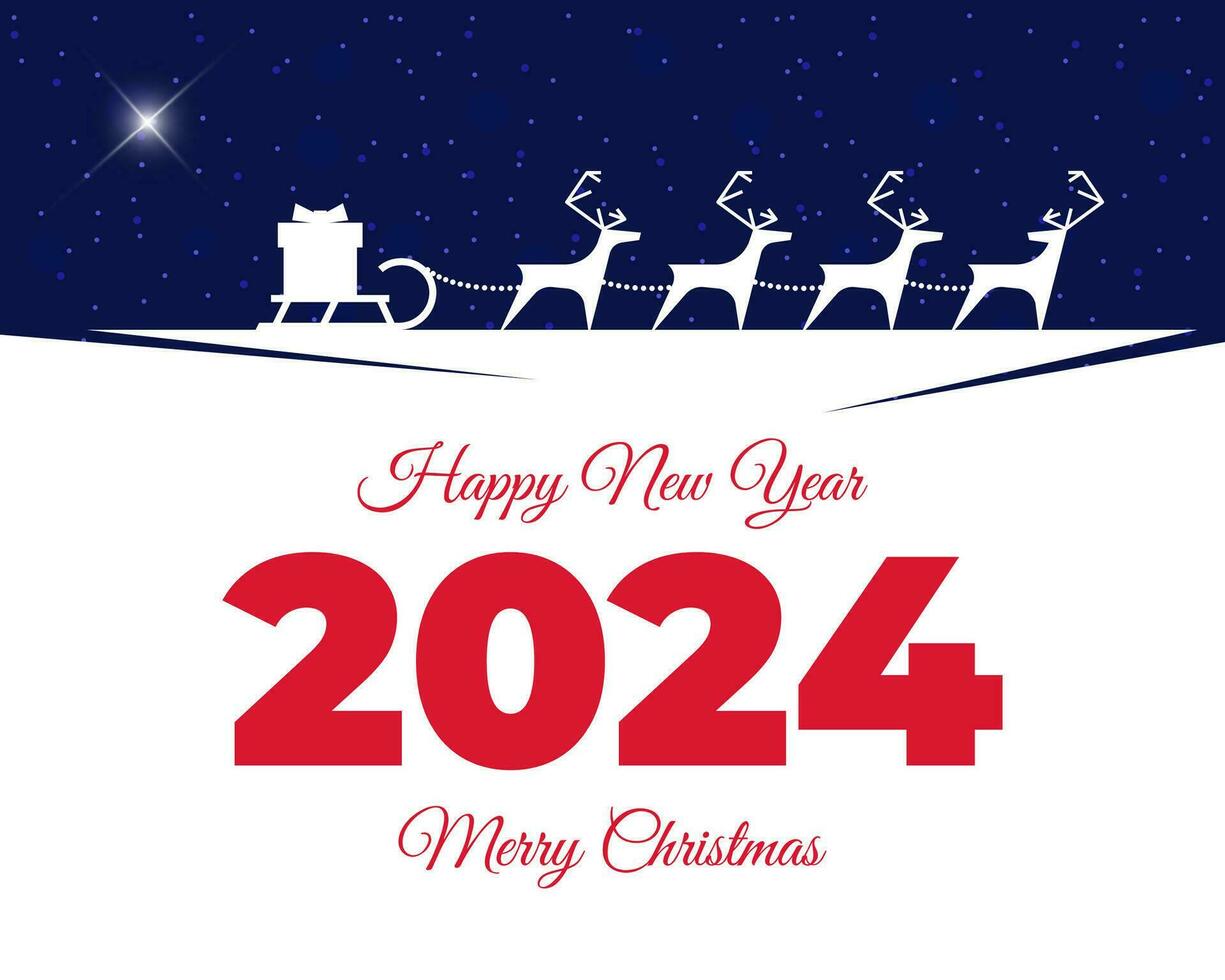 santa claus ren sele med gåva låda på släde hälsning kort. glad jul och Lycklig ny år 2024 text med lysande betlehem stjärna kalender omslag. xmas magi natt vektor illustration