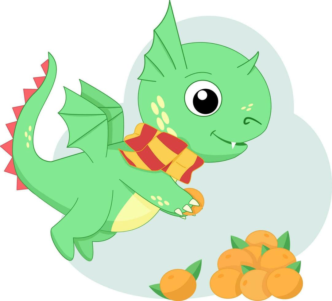 Grün süß Drachen mit Mandarinen, Charakter, Jahr von das Drachen 2024, Feiertage, Vektor Illustration
