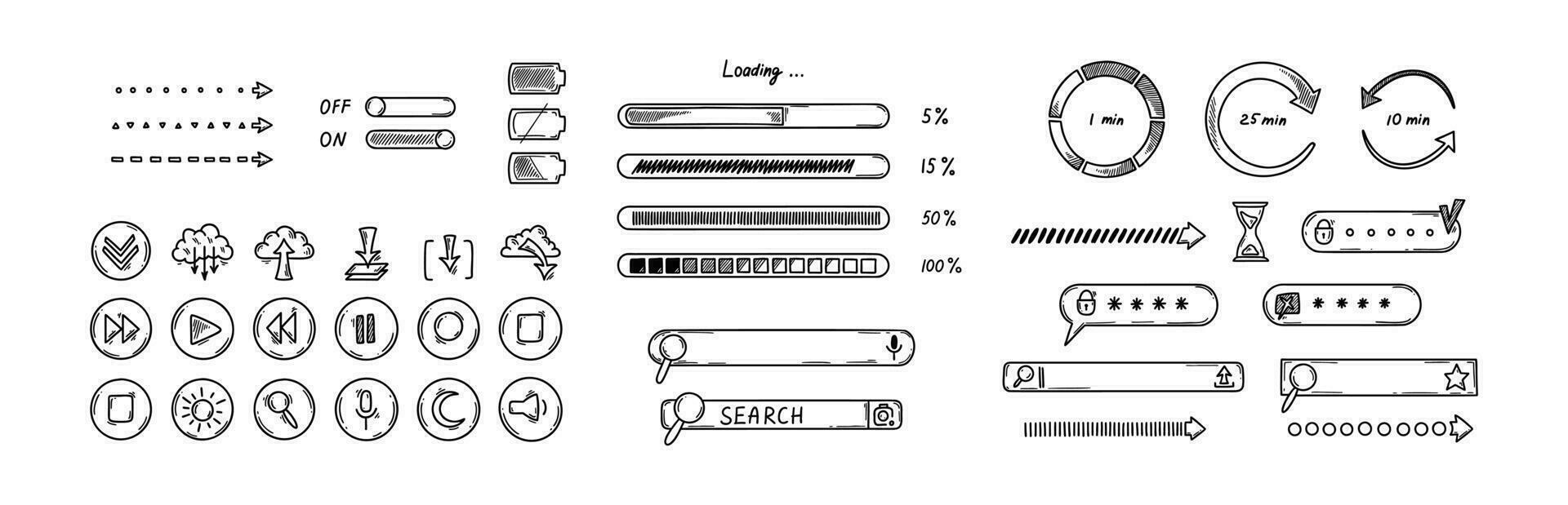 Gekritzel Schnittstelle Design Elemente. klicken Symbole Sammlung. skizzieren Wird geladen Riegel, Suche Kisten, auf aus schalten, Passwort Fenster, Batterie Ladegerät Niveau vektor