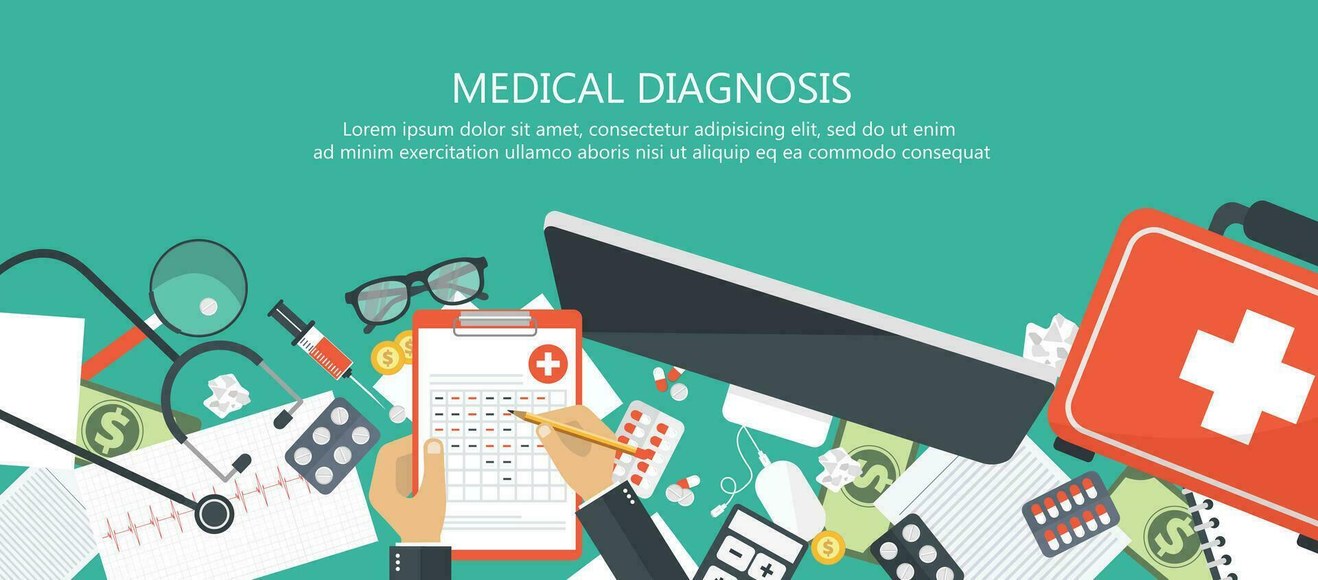 medicinsk diagnos begrepp. medicin och sjukvård. trä- skrivbord med medicinsk Utrustning. platt vektor illustration