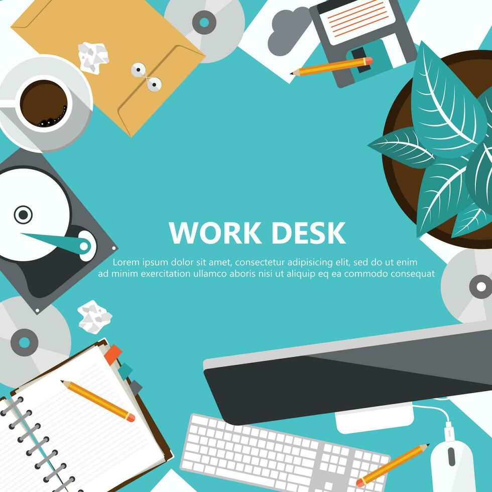 kontor arbete skrivbord begrepp. arbete Plats, arbetsplats, kontor, inomhus. platt banderoller för företag och förvaltning syften. platt vektor illustration