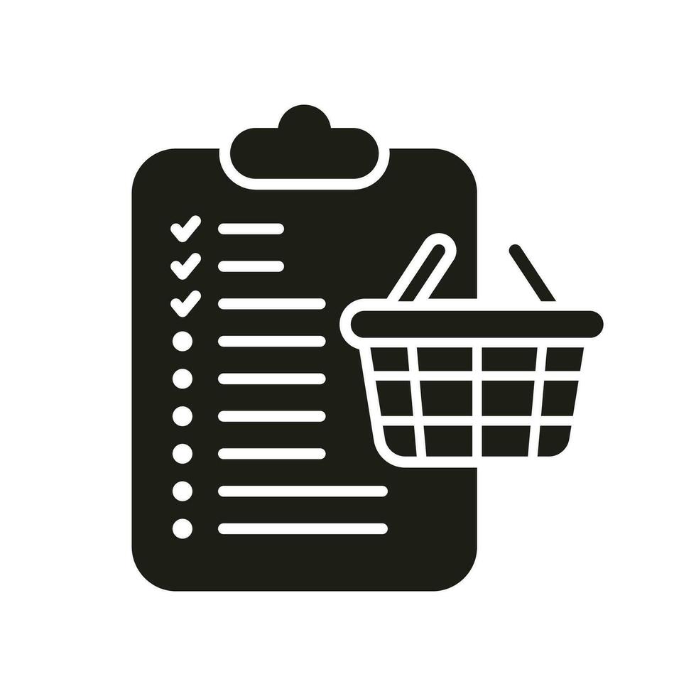 Kauf Checkliste Silhouette Symbol. aufführen zu Kaufen Glyphe Piktogramm. bestellen aufführen mit Korb solide unterzeichnen. Lebensmittelgeschäft E-Commerce, online Verkauf Symbol. isoliert Vektor Illustration.
