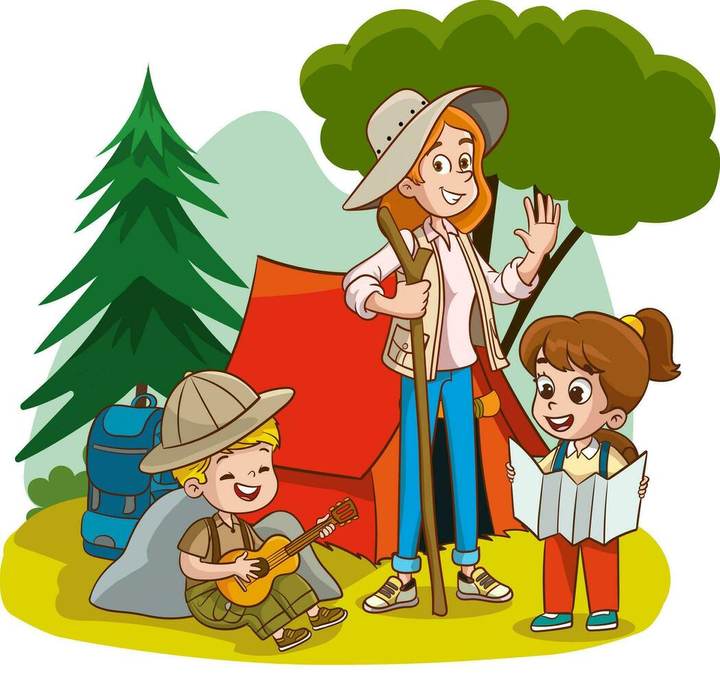 Vektor Illustration von Kinder Camping und Trekking