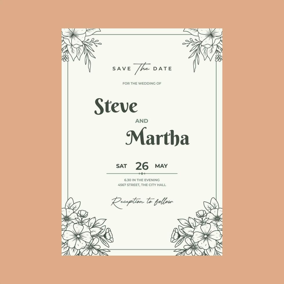 Blumen- Hochzeit Einladung Karte mit Hand gezeichnet Gliederung botanisch Rahmen vektor