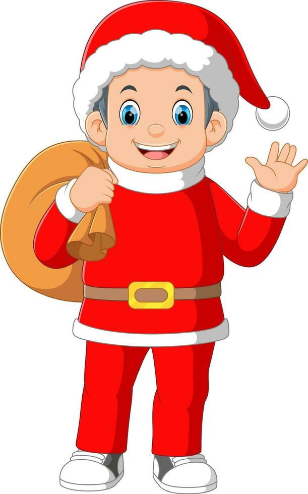 ein Junge tragen Santa Kostüm Tragen ein Sack vektor