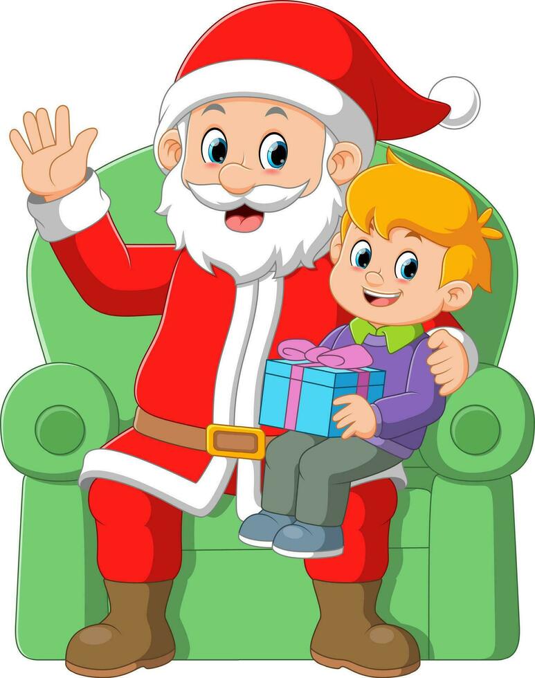 jultomten sitter i stolen med en liten söt pojke vektor