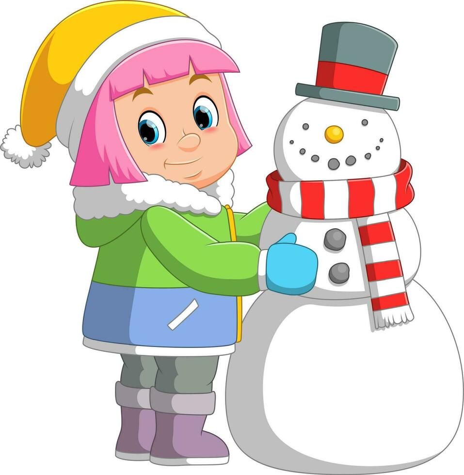 Karikatur wenig Mädchen Gebäude ein Schneemann vektor