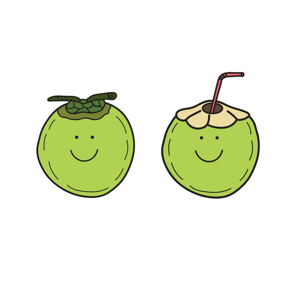 Vektor Illustration Farbe Kinder lächelnd Obst Grün Kokosnuss Clip Art
