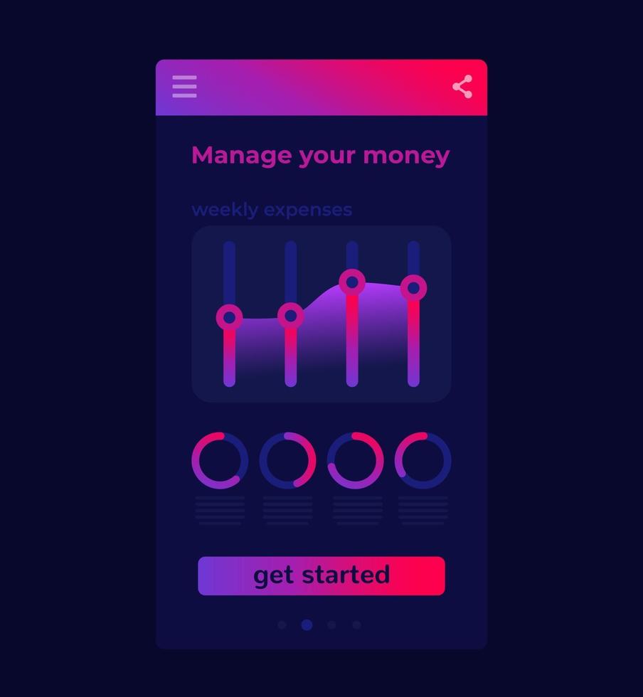 Finanz-App, persönliche Finanzen mobile ui dunkles Design vektor