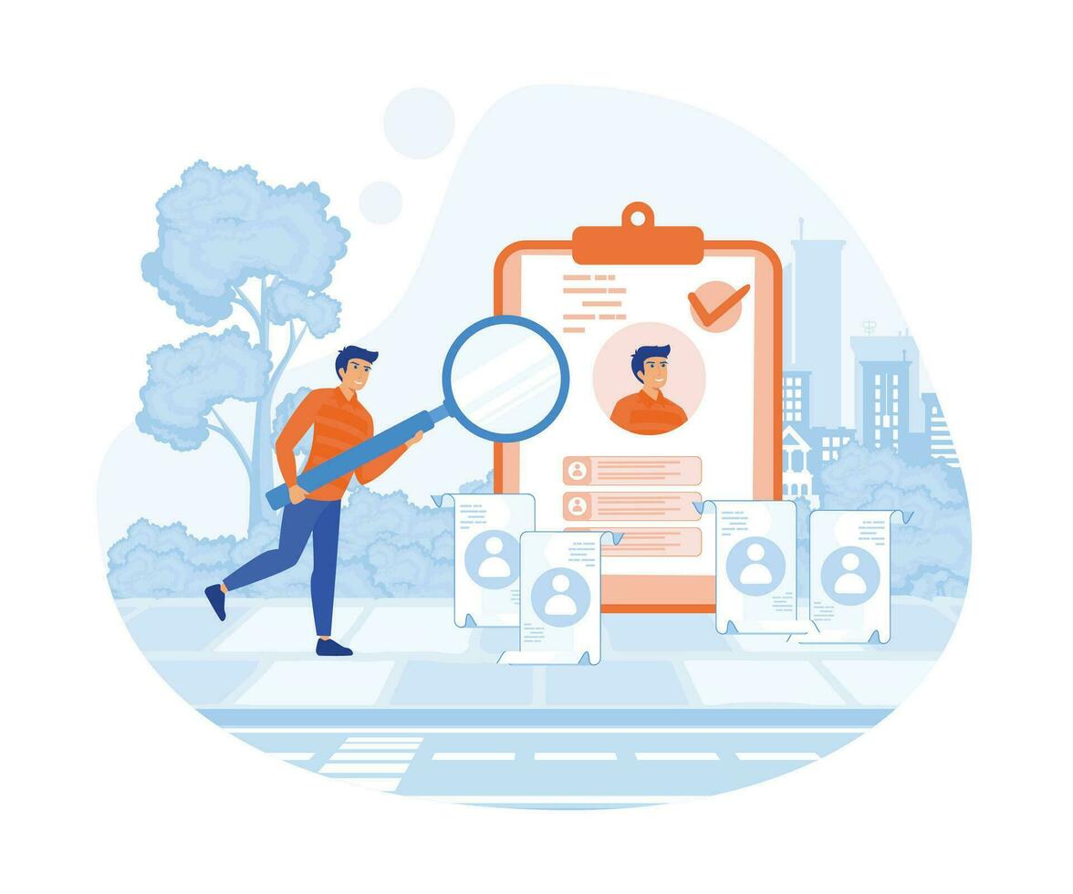 Einstellung Illustration Satz. Std Manager suchen Neu Mitarbeiter, lesen Lebenslauf und geben Job Kandidat Rezension. Charakter bewirbt sich zum Arbeit Position. eben Vektor modern Illustration