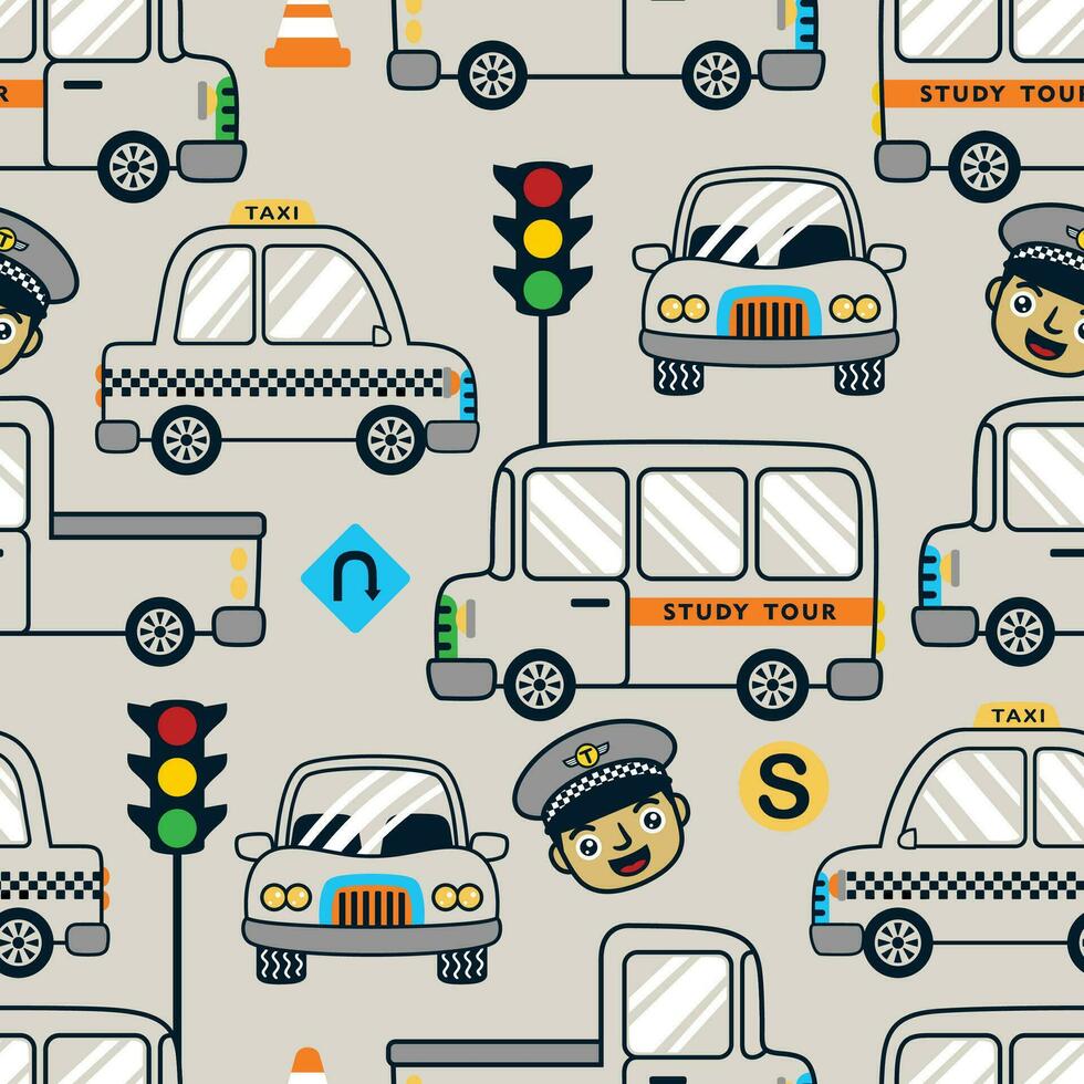 sömlös mönster vektor av fordon tecknad serie med trafik element och rolig polis