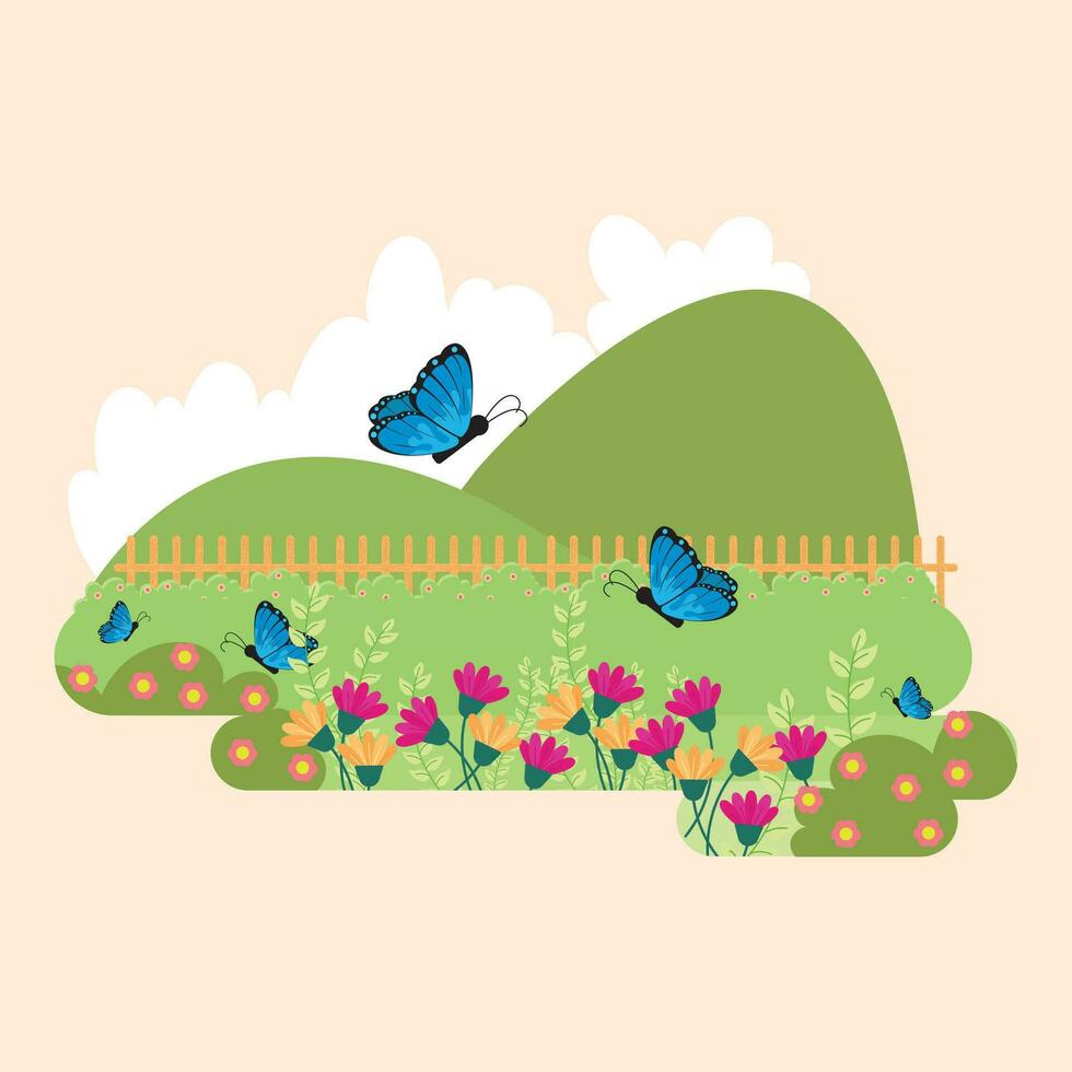 söt platt stil trädgård med blommor och fjärilar vektor illustration