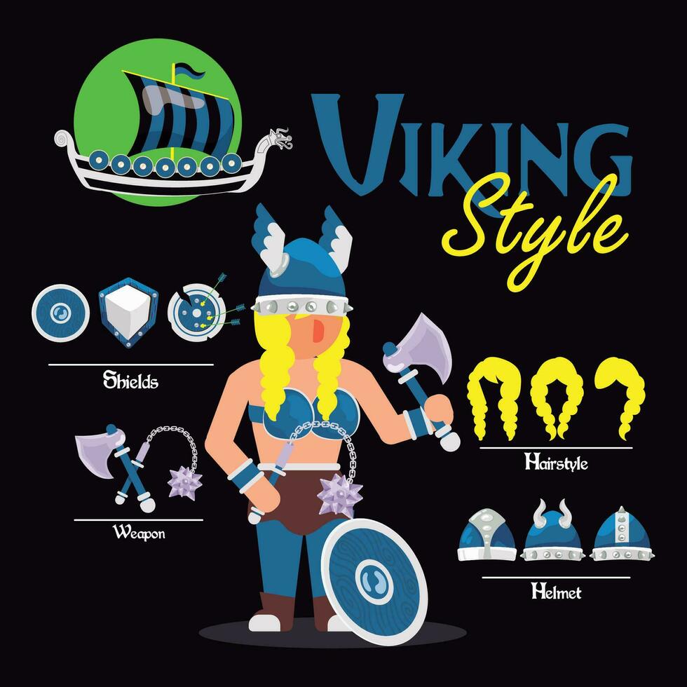 söt viking kvinna karaktär tillgång med vapen och hjälmar vektor illustration