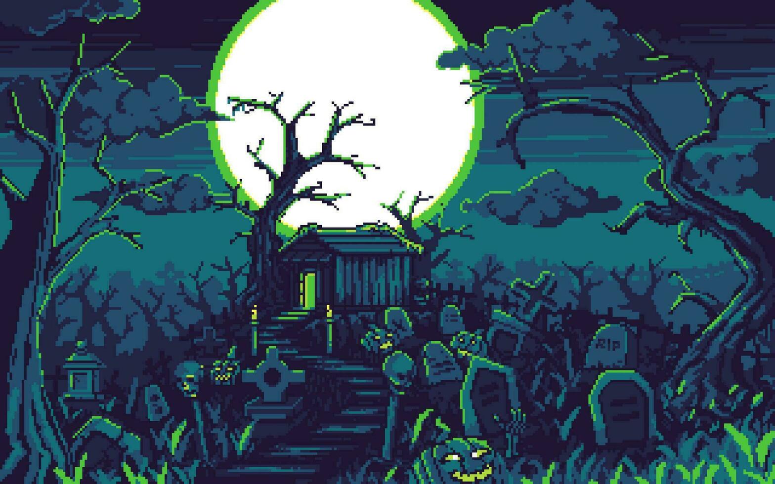 Pixel Kunst Illustration Halloween Hintergrund. pixelig Grab. Innerhalb unheimlich Grusel Grab Hintergrund pixelig zum das Pixel Kunst Spiel und Symbol zum Webseite und Video Spiel. alt Schule retro. vektor