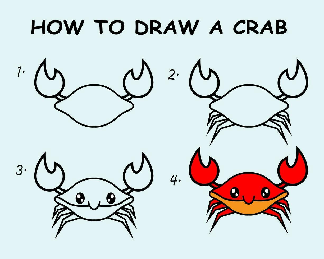 steg förbi steg till dra en krabba. teckning handledning en krabba. teckning lektion för barn. vektor illustration.