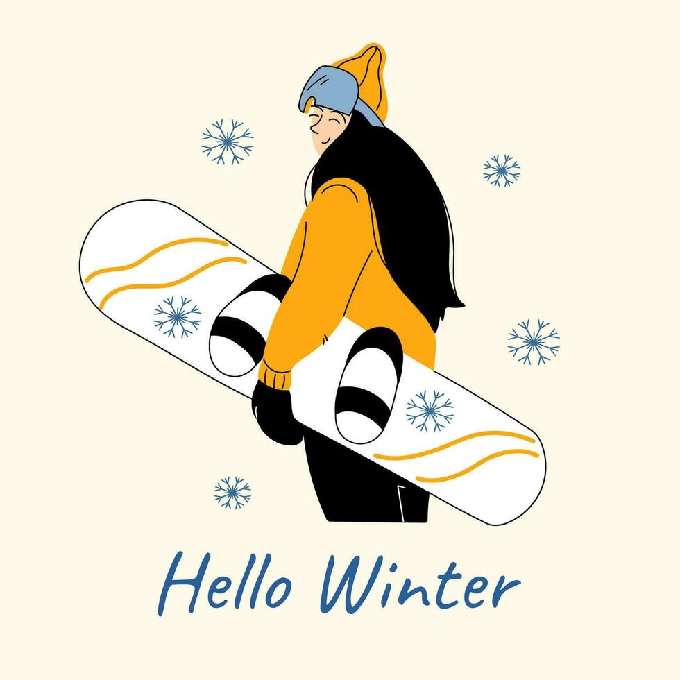 Frau mit Snowboard und Schneeflocken. eben Vektor Illustration zum Gruß Karten oder Banner mit Hand gezeichnet Stil Hallo Winter Sprichwort. weiblich Sport Charakter im Gelb Pullover, gestrickt Hut und Maske.