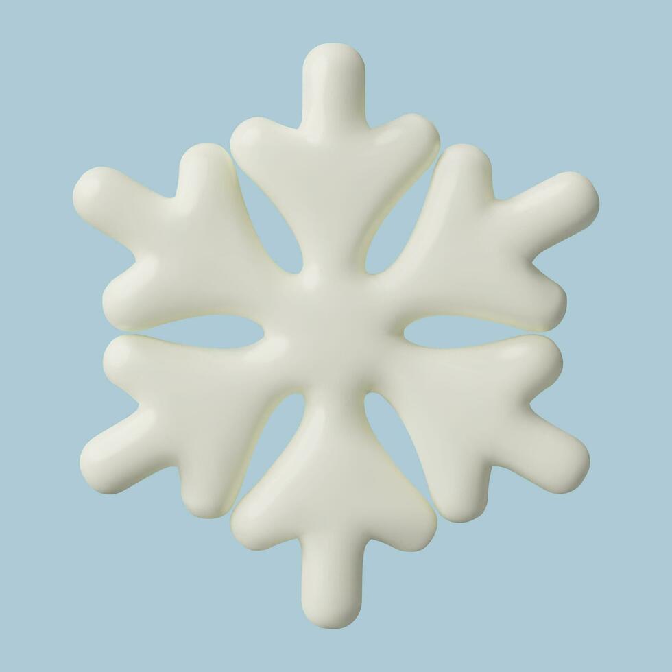 Weiß Schneeflocke minimal 3d Symbol. realistisch glänzend Plastik drei dimensional Vektor Winter Urlaub Schnee Dekoration auf Blau Hintergrund. Wetter Design Element.