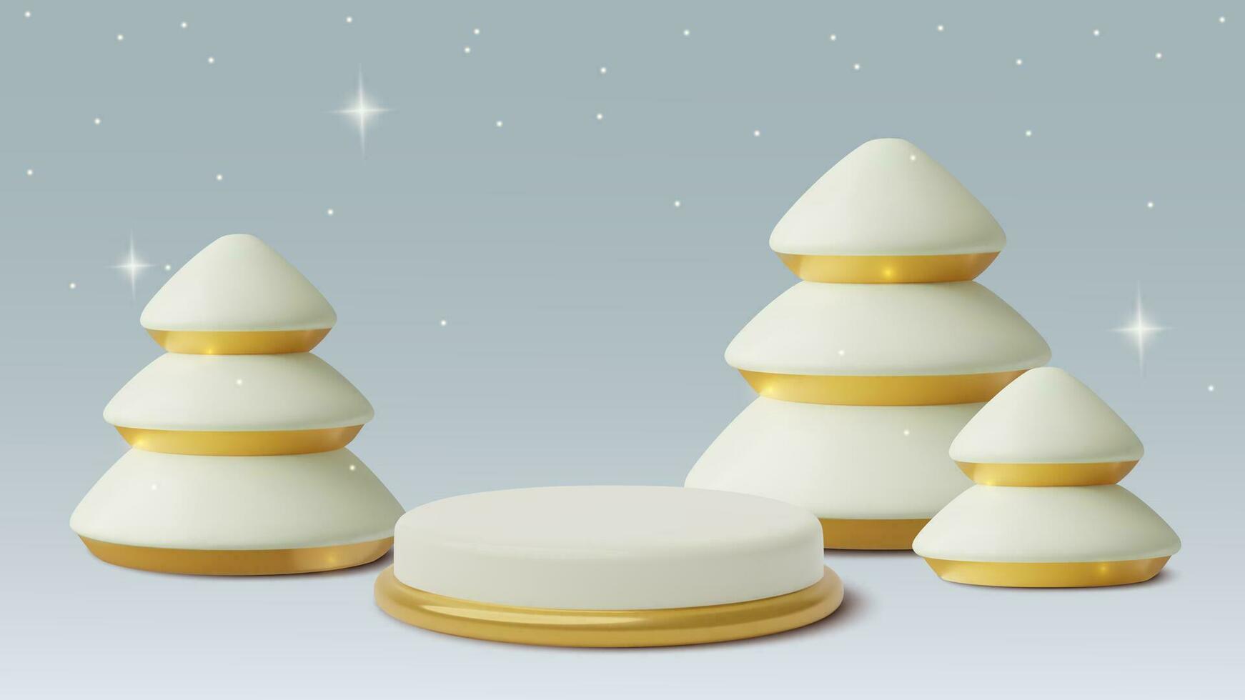 3d Winter Podium mit Schnee, Kiefer Bäume und funkelnd Sterne. minimal Produkt Hintergrund mit drei dimensional realistisch leeren Bühne und Weihnachten Wald. vektor