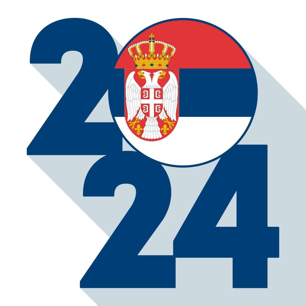 Lycklig ny år 2024, lång skugga baner med serbia flagga inuti. vektor illustration.