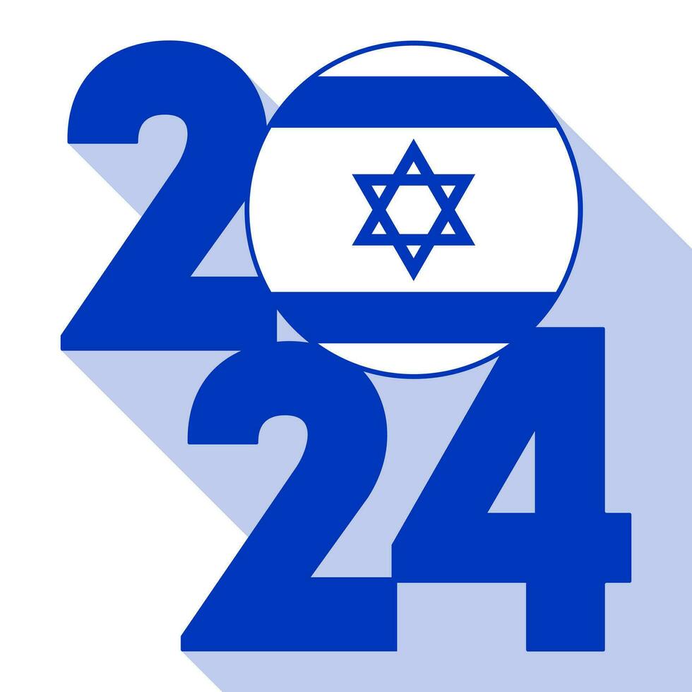 glücklich Neu Jahr 2024 lange Schatten Banner mit Israel Flagge innen. Vektor Illustration.