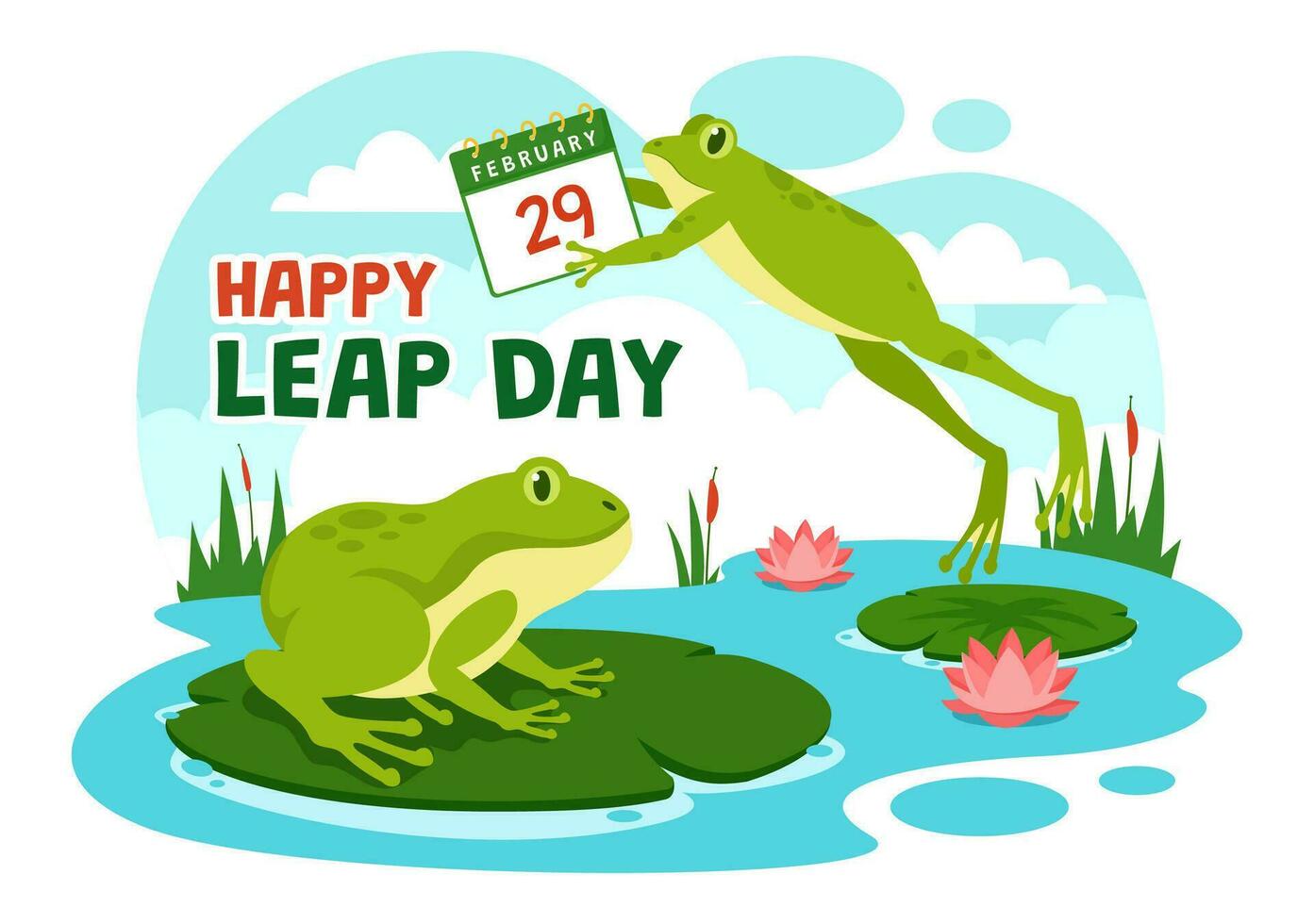 Lycklig hoppa dag vektor illustration på 29 februari med Hoppar grodor och damm bakgrund i Semester firande platt tecknad serie design