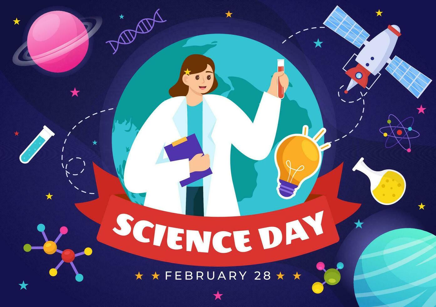 National Wissenschaft Tag Vektor Illustration auf Februar 28 verbunden zu chemisch flüssig, wissenschaftlich, medizinisch und Forschung im eben Karikatur Hintergrund