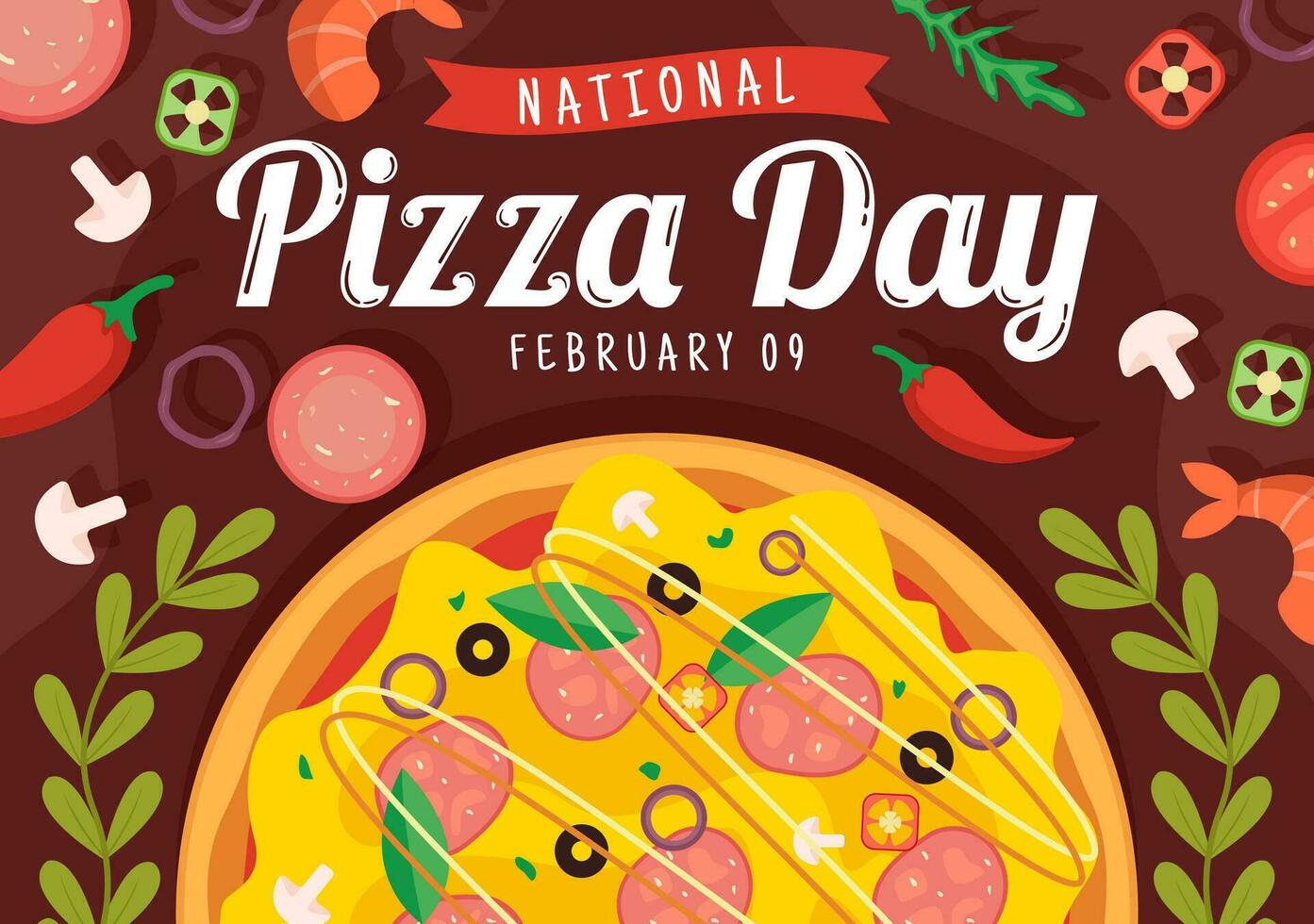 National Pizza Tag Vektor Illustration auf Februar 9 mit verschiedene Belag auf jeder Scheibe zum Poster oder Banner im eben Karikatur Hintergrund Design