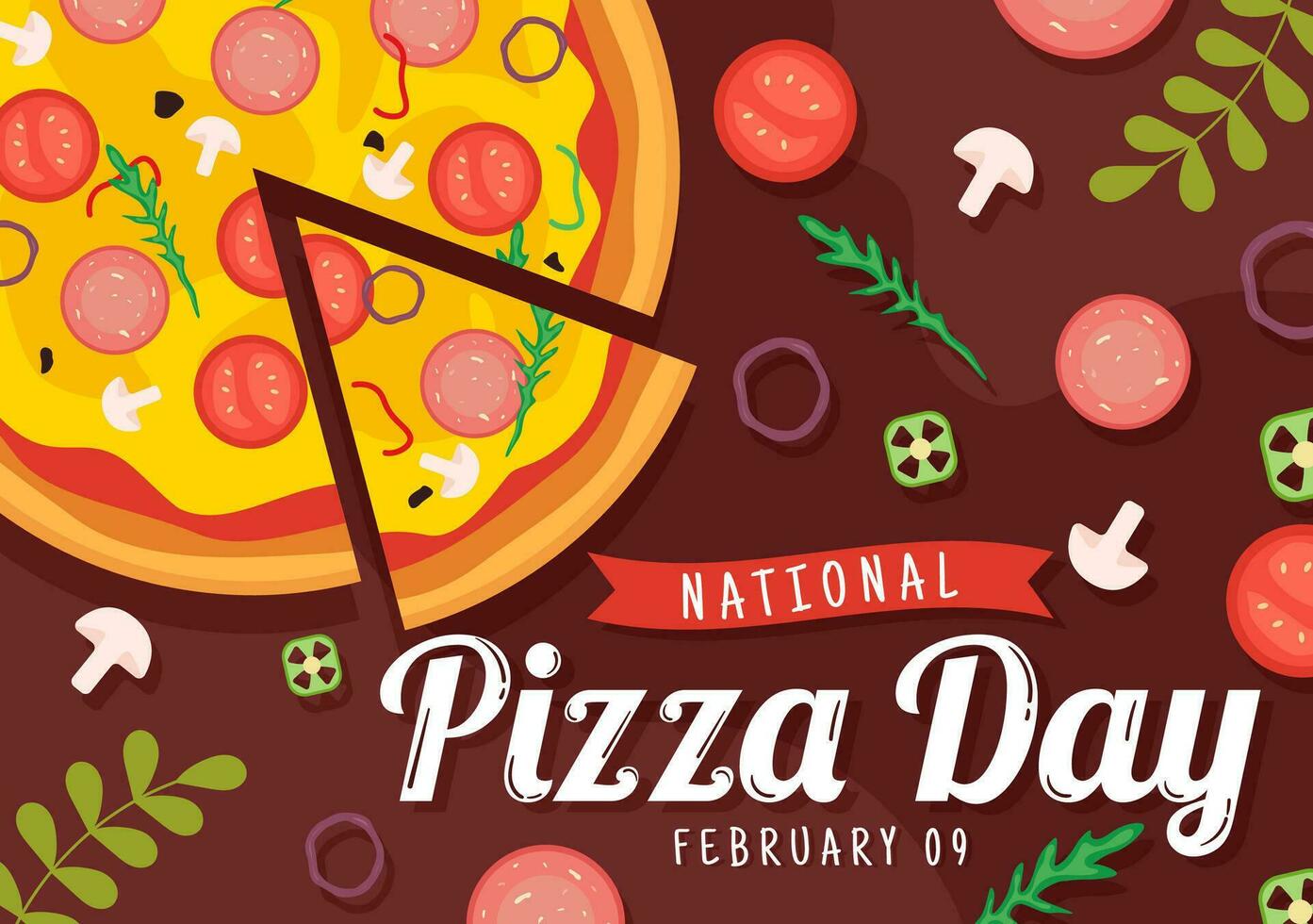 National Pizza Tag Vektor Illustration auf Februar 9 mit verschiedene Belag auf jeder Scheibe zum Poster oder Banner im eben Karikatur Hintergrund Design