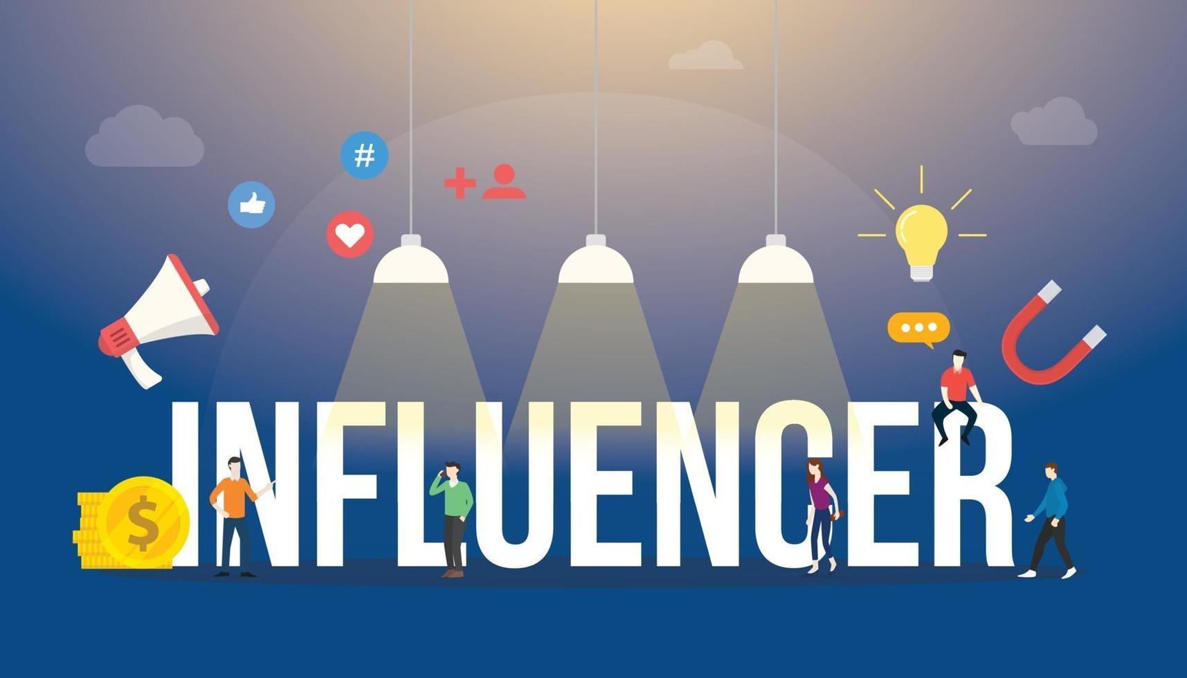 influencer stora ord text med team människor och sociala medier ikon vektor