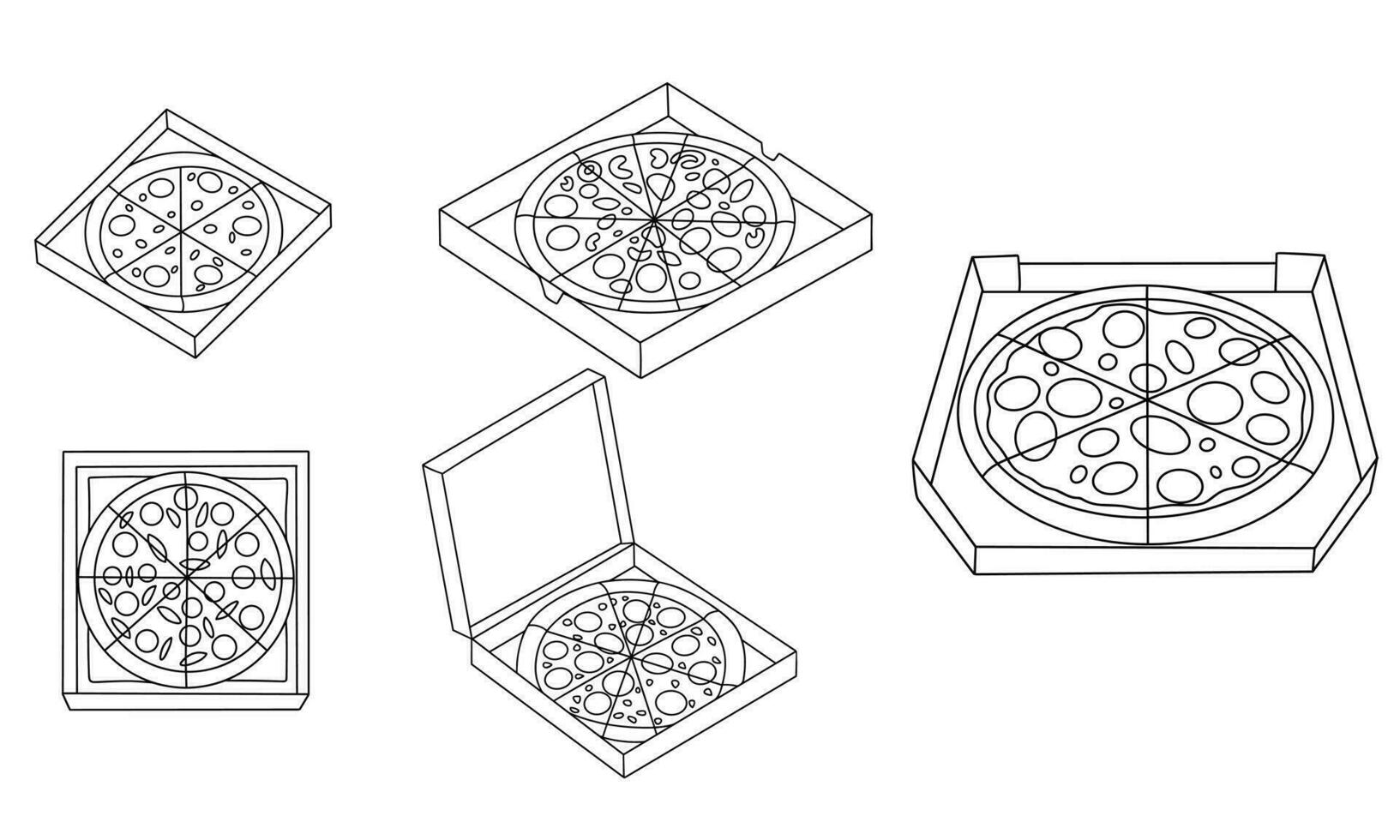 Sammlung von Pizza im Box im Gekritzel Stil. Gliederung Pizza im Kisten einstellen Symbole. Hand gezeichnet Vektor Kunst.