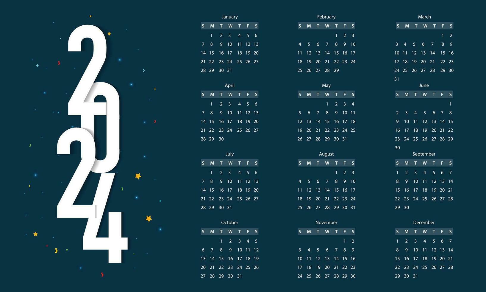 2024 årlig kalender med blå bakgrund vektor