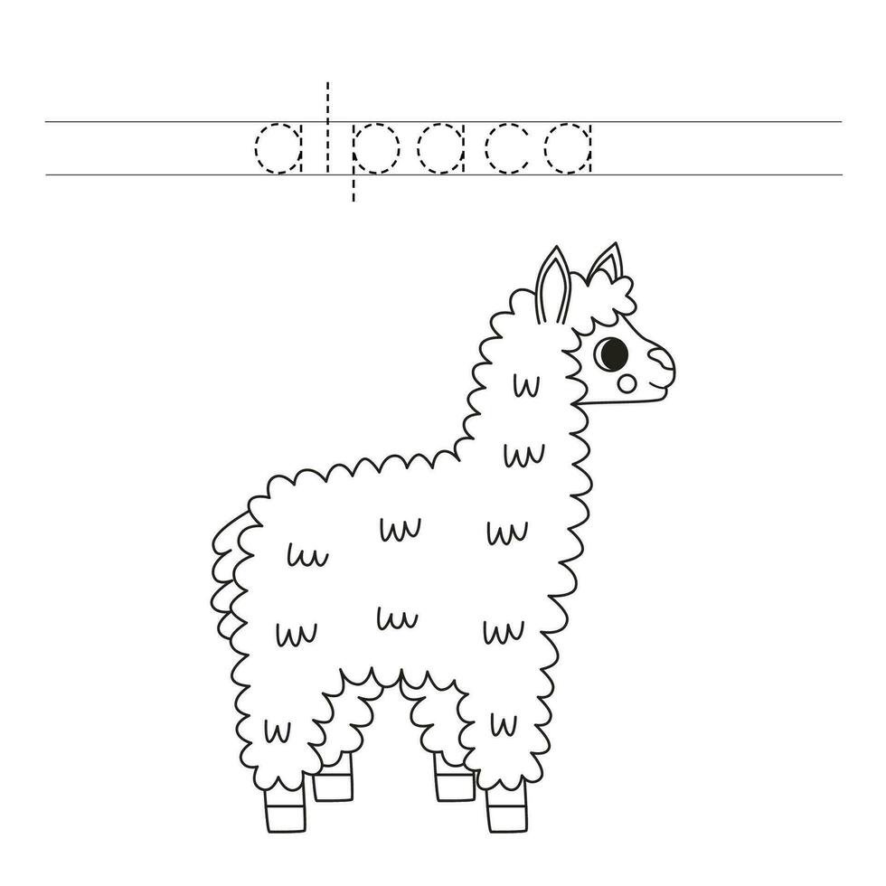 Spur das Briefe und Farbe Karikatur Alpaka. Handschrift trainieren zum Kinder. vektor