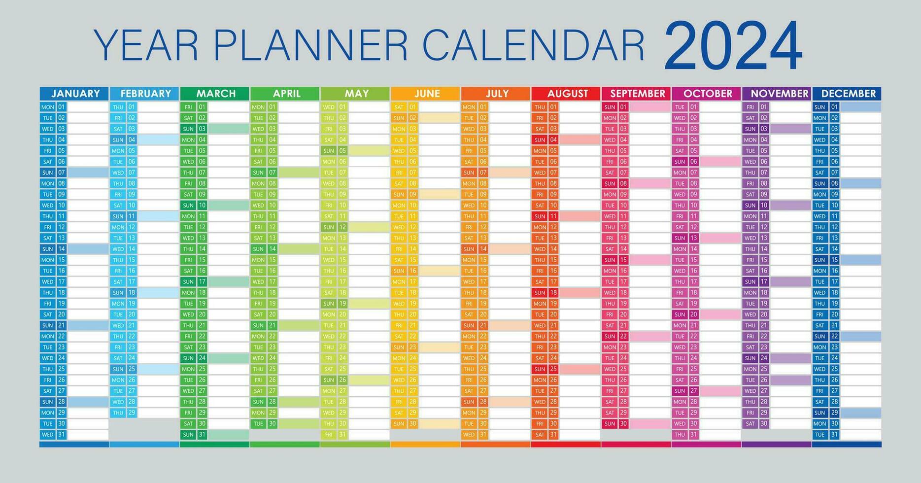 2024 år planerare - vägg planerare kalender färgrik - full redigerbar - vektor ljus