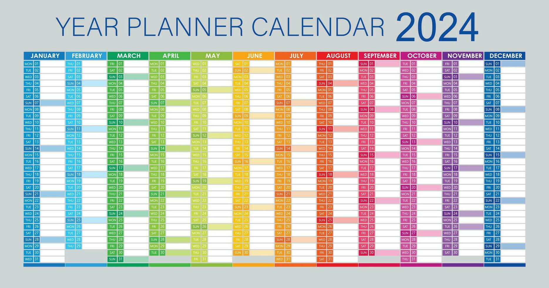 2024 Jahr Planer - - Mauer Planer Kalender bunt - - voll editierbar - - Vektor Licht