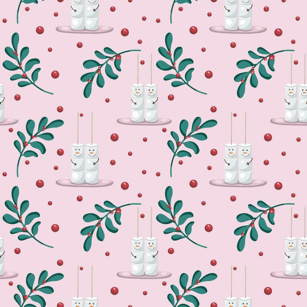 nahtlos Muster auf ein Rosa Hintergrund mit Marshmallows, Grün Blätter und rot Beeren. vektor