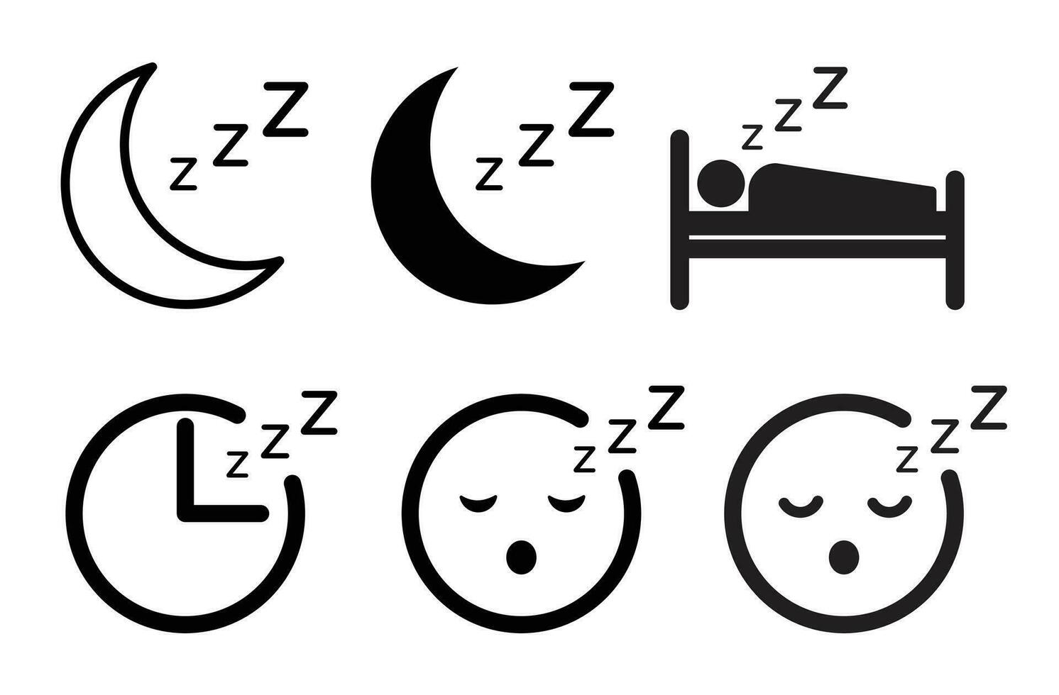 Schlaf Symbol Satz. tiefer besser Qualität Schlaf Vektor Symbol. Kind Nickerchen Symbol mit zzz. Mann oder Person Schlafen auf Bett im Schlafzimmer Symbol. Nacht Zeit Piktogramm mit Mond.