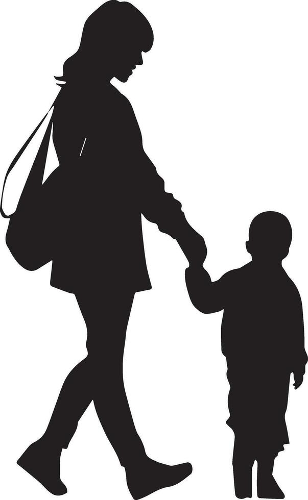 ein Frau gehen zu Schule mit ihr Kind Vektor Silhouette 11