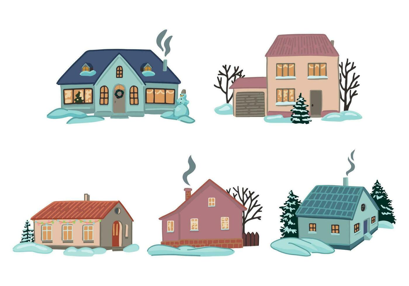 uppsättning av mysigt vinter- tid hus. klotter av snötäckt Land hus. tecknad serie vektor illustrationer. modern klämma konst samling isolerat på vit.