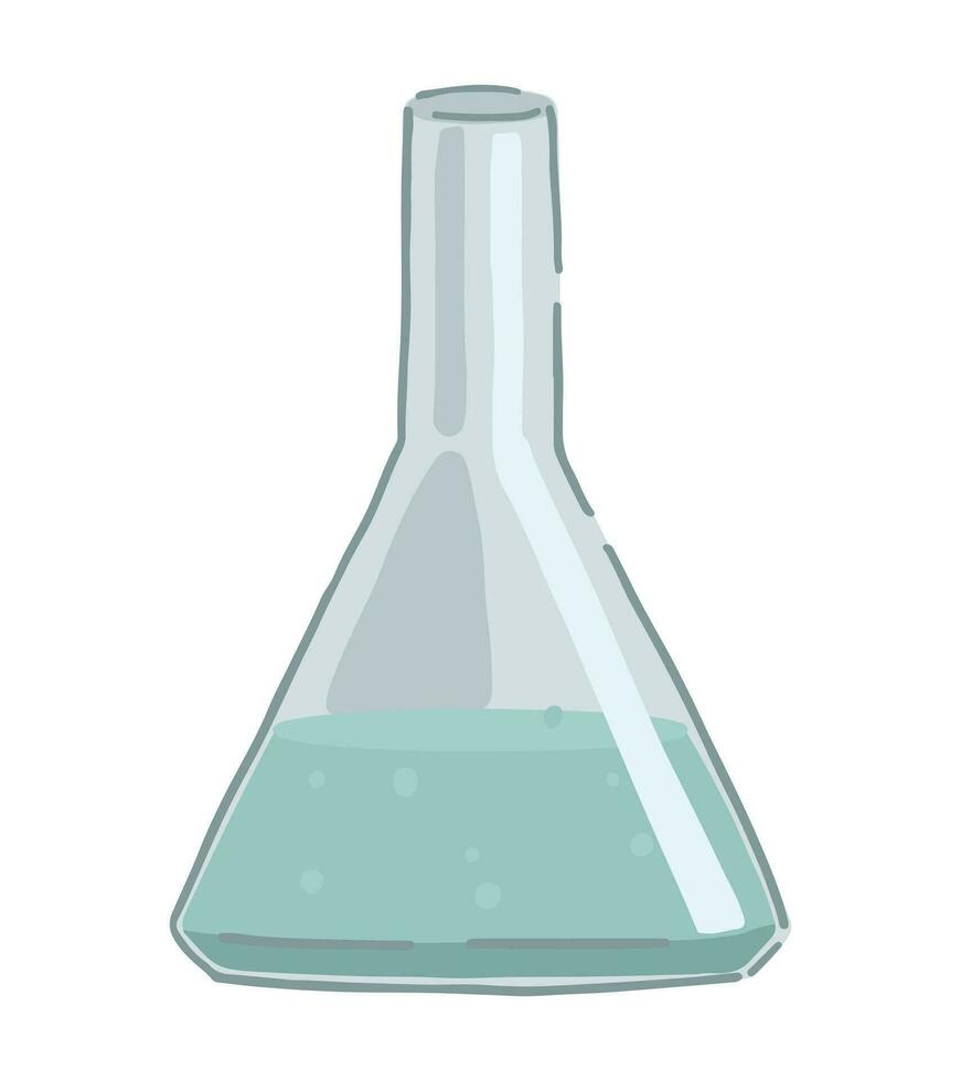 Labor Flasche mit Flüssigkeit Gekritzel. Chemie oder Biologie Glaswaren, Ausbildung, Experiment Clip Kunst. Karikatur Stil Vektor Illustration isoliert auf Weiß.