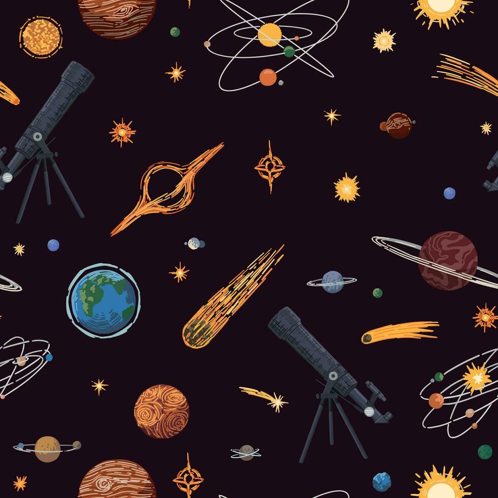 Astronomie Lektion Schule Attribute nahtlos Muster. Ornament von Fernrohr, Planeten, Sterne. Karikatur Stil Vektor Illustrationen. zurück zu Schule Design.