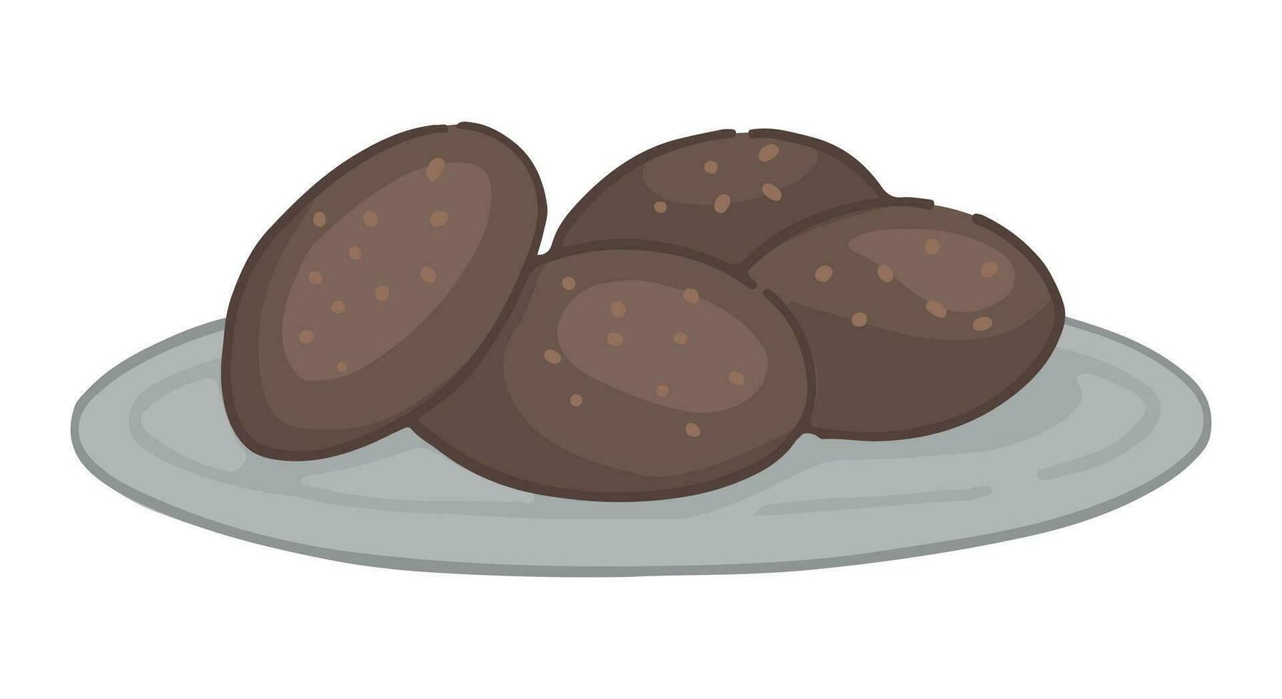 Karikatur Clip Art von Schokolade Kekse auf Platte. Gekritzel von Süss hausgemacht Bäckerei. zeitgenössisch Vektor Illustration isoliert auf Weiß Hintergrund.