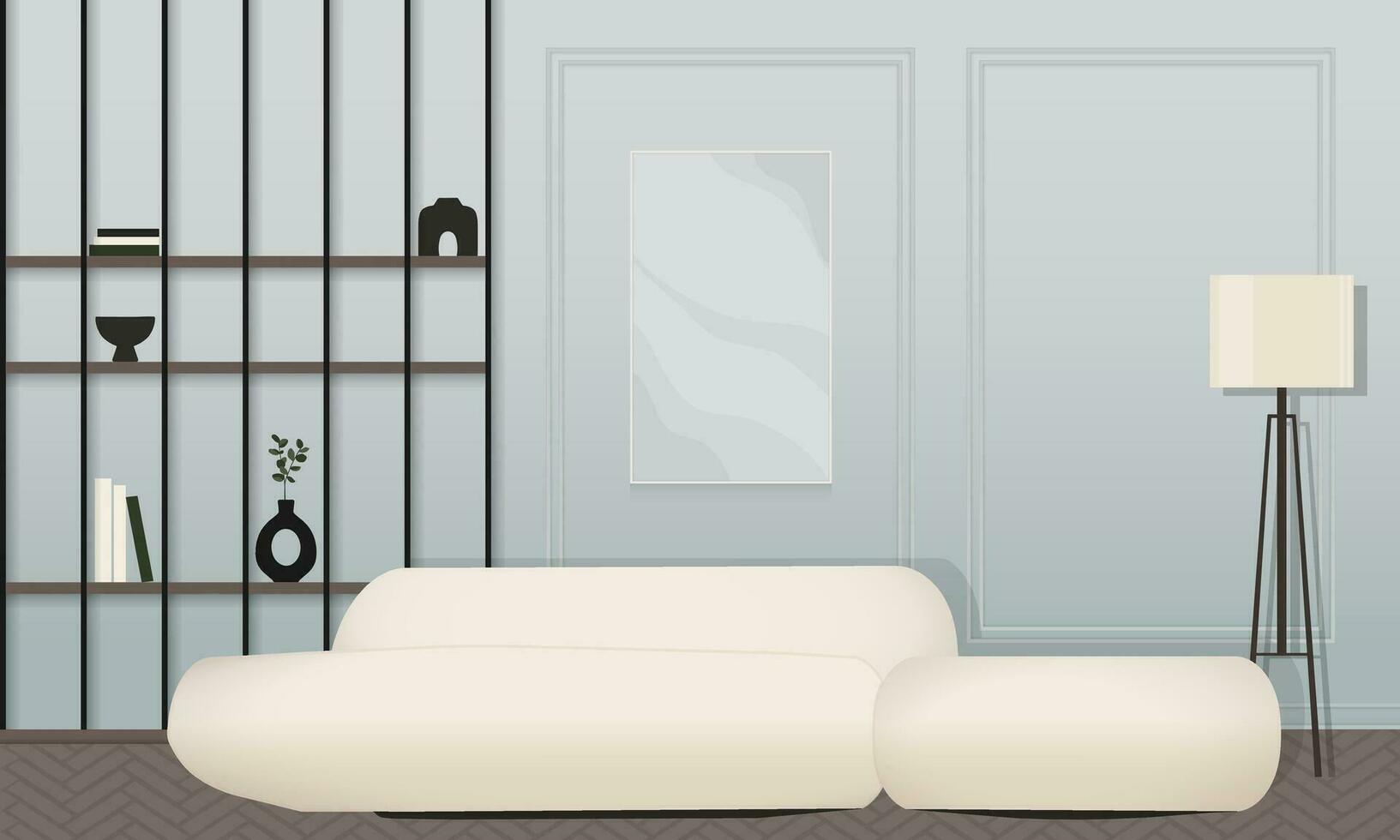 abstrakt minimal modern Leben Zimmer Innere Konzept im Pastell- Schatten von Blau, Beige und dunkel Holz Farbe. zum Konzept, Netz, Sozial Medien, Banner, Vorschlag vektor