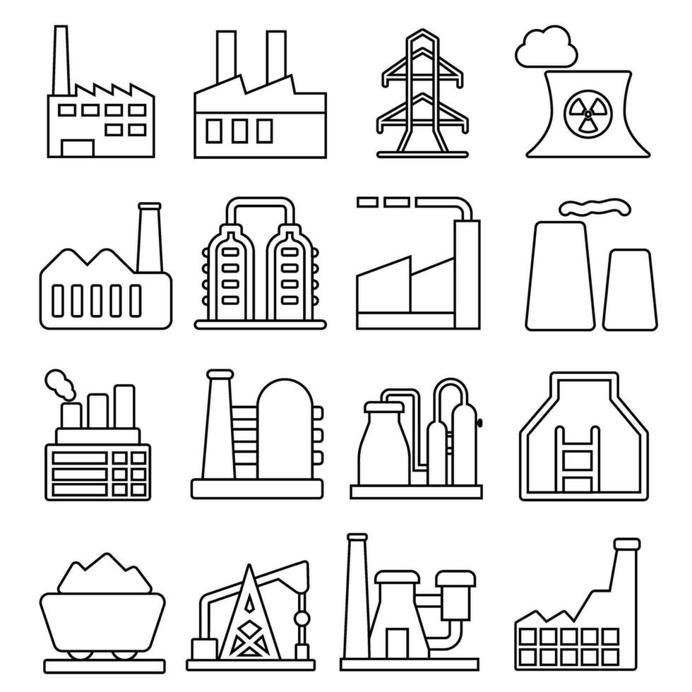 industriell Fabriken Vektor Symbole Satz. Fabrik Symbol Illustration Sammlung. Industrie Leistung, chemisch Herstellung Gebäude Warenhaus nuklear Energie Pflanze.