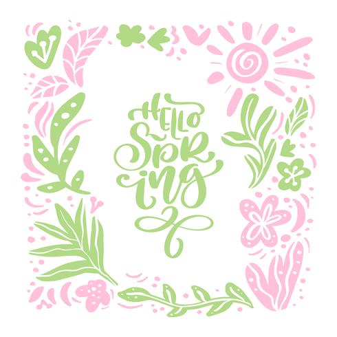 Vektor blommig skandinavisk ram för hälsningskort med handskriven text Hello Spring. Isolerad plattskandinavian illustration på vit bakgrund. Handdragen naturdesign