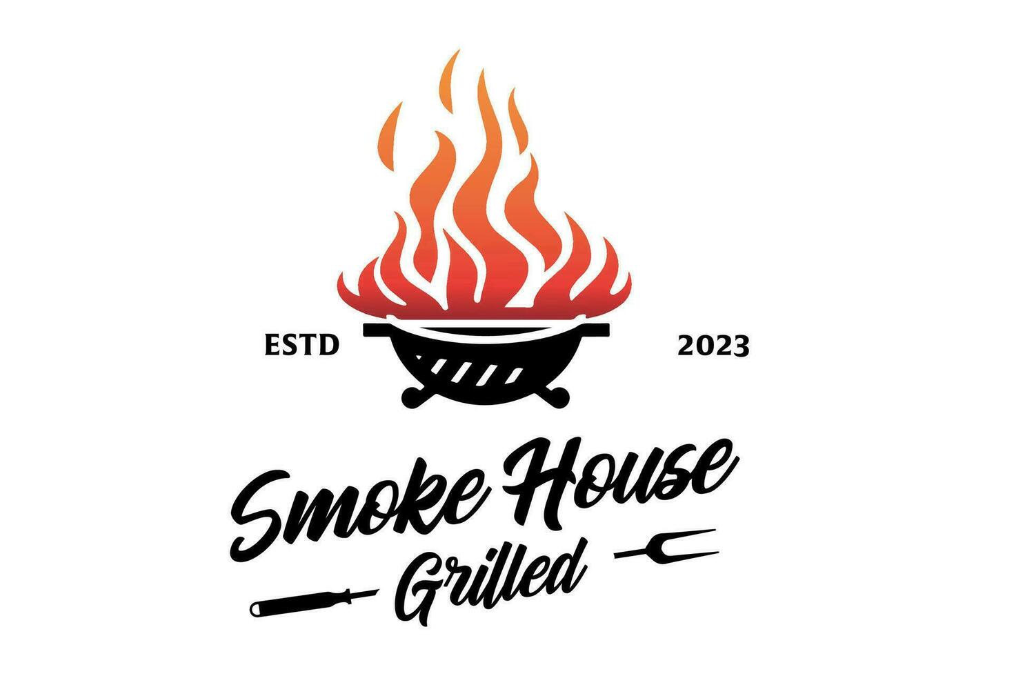 utegrill grill kött logotyp design. en svart och vit logotyp skildrar en grill och en flamma perfekt för en restaurang, grilla företag, grill Tillbehör företag vektor