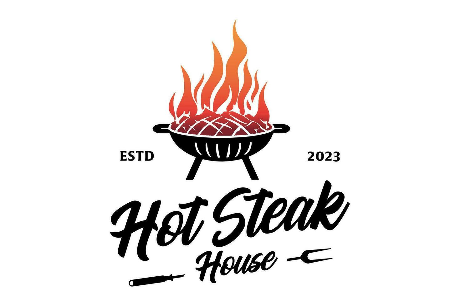 utegrill grill kött logotyp design .a svart och vit logotyp skildrar en grill och en flamma perfekt för en restaurang, grilla företag, grill Tillbehör företag vektor