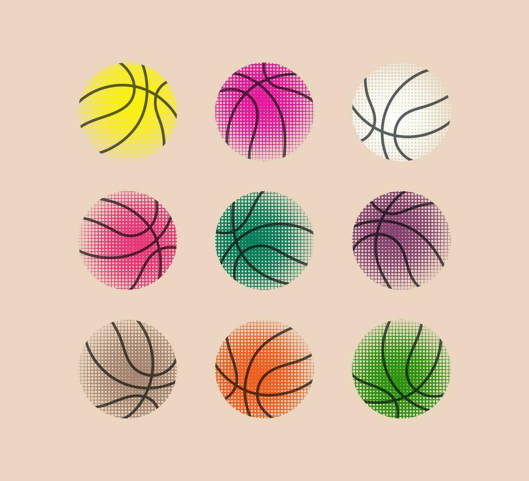 Basketball Bälle bunt Symbole mit Textur Satz. Sport, Mannschaft abspielen Konzept. Vektor eben modern Illustration isoliert.