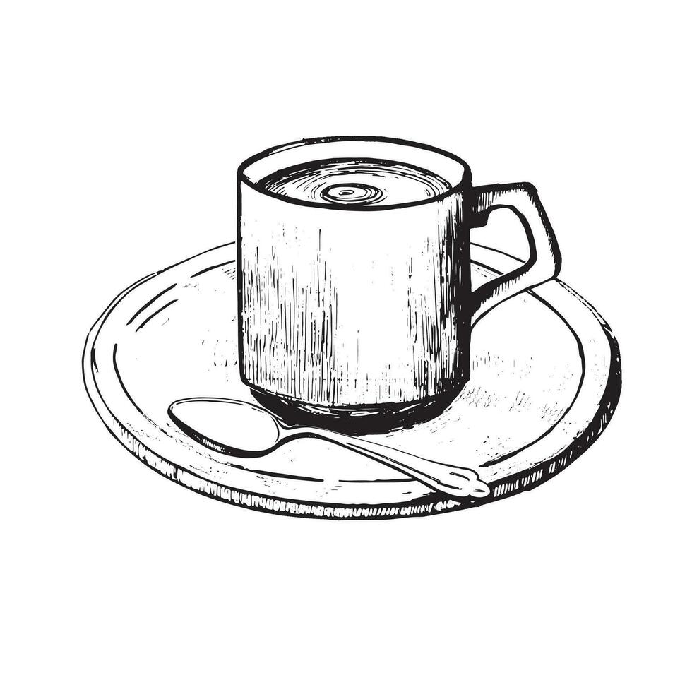 Tee Tasse mit Untertasse und Löffel auf ein Weiß Hintergrund, gezeichnet im Vektor im schwarz. geeignet zum Drucken auf Stoff und Papier, zum Entwerfen Menüs und Blätter, zum Einladungen und Geschäft Karten.