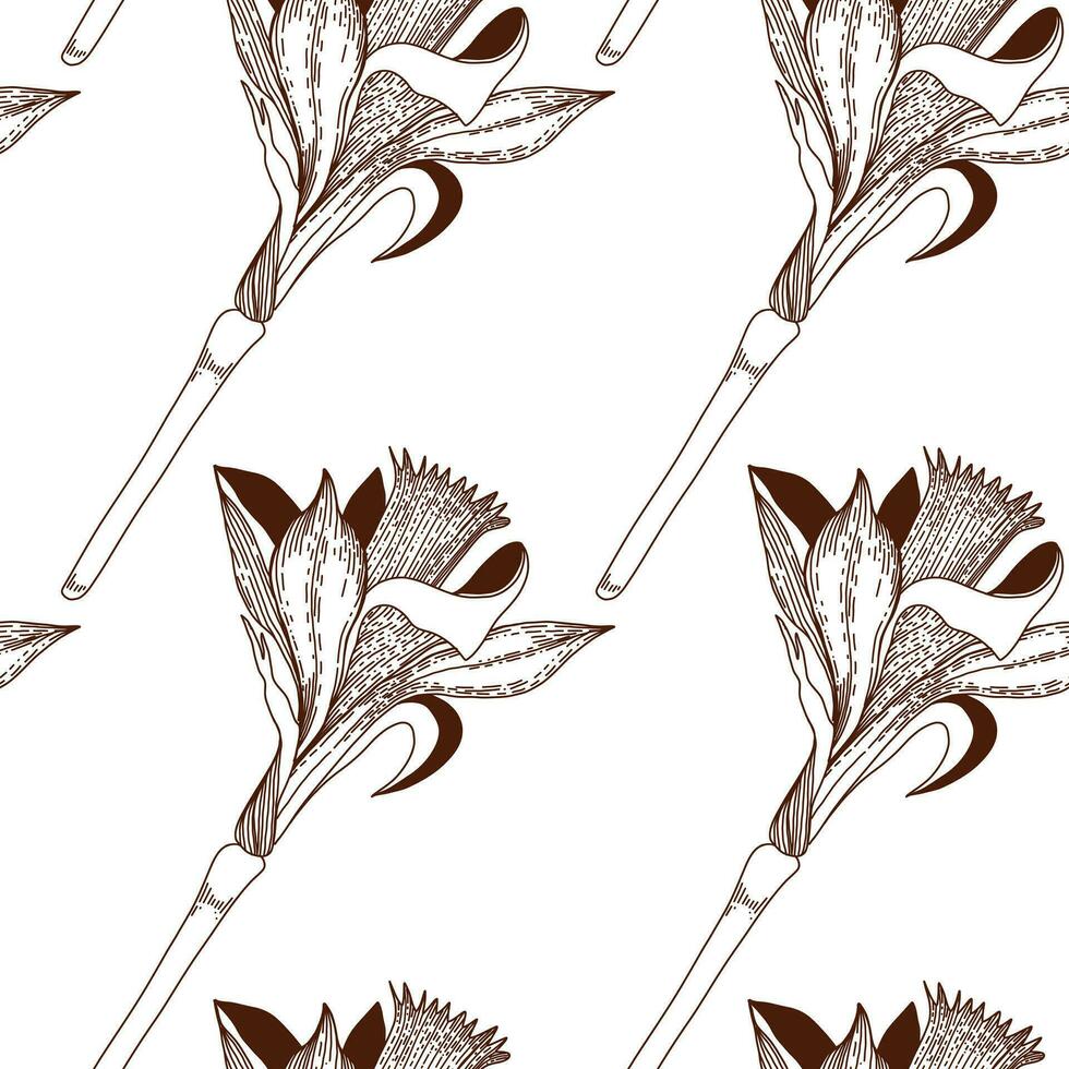Blumen- Muster. nahtlos Muster von Narzissen gezeichnet auf ein Zwischenablage im dunkel braun Vektor. zum das Design von Postkarten, Einladungen, zum das Design von Hochzeiten und Feierlichkeiten, zum Drucken. vektor