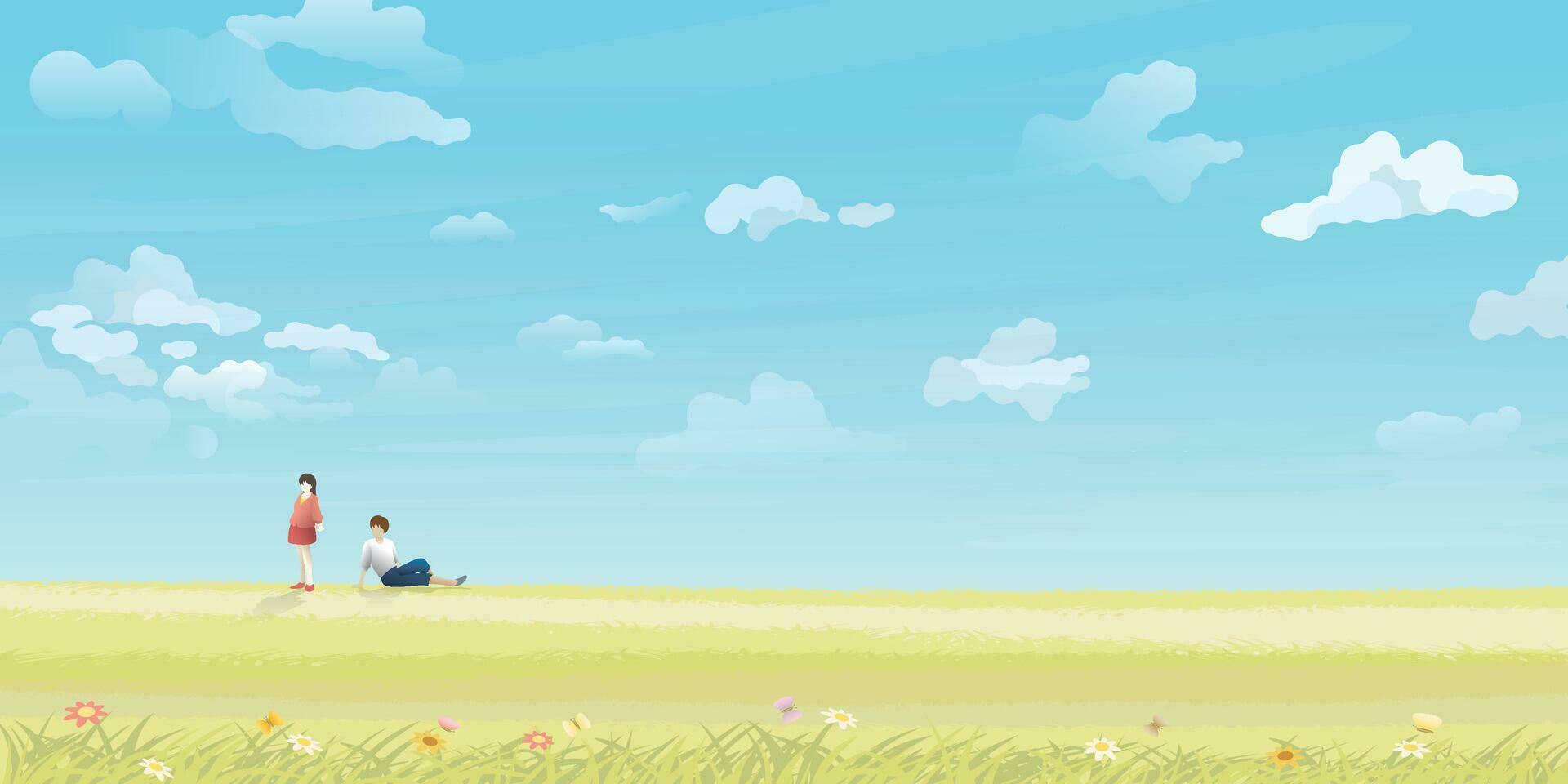 Paar von Liebhaber im das Gras Feld mit Blau Himmel Hintergrund Vektor Illustration haben leer Raum. Valentinstag Tag Gruß Karte Vorlage.